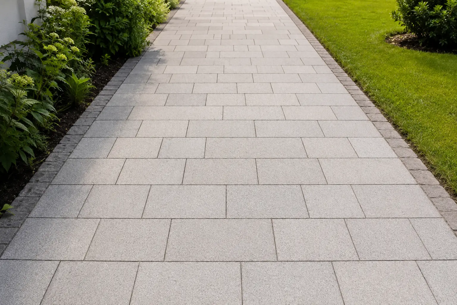 Gereinigter heller Natursteinweg zwischen Rasen und Beet