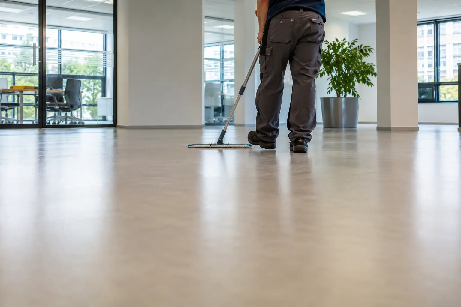 Unterhaltsreinigung: Bodenreinigung mit Wischmopp in einem hellen Büro