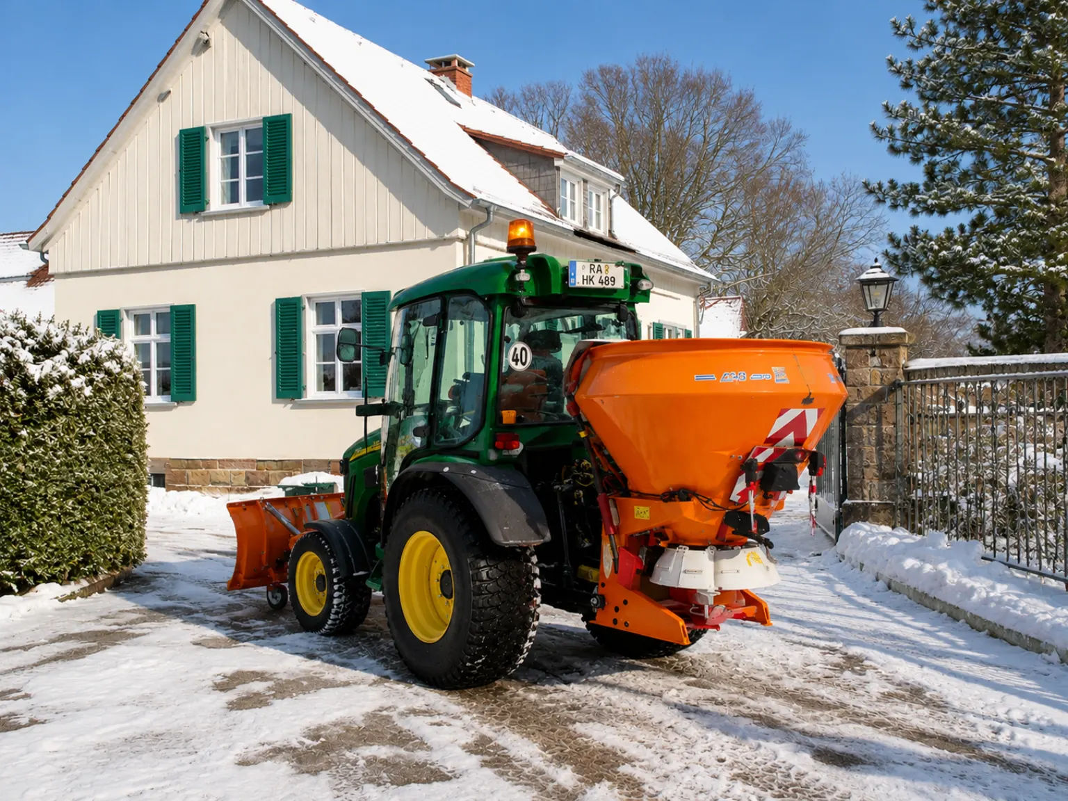 Winterdienst-Traktor mit Räumschild und Streuer vor einem verschneiten Haus